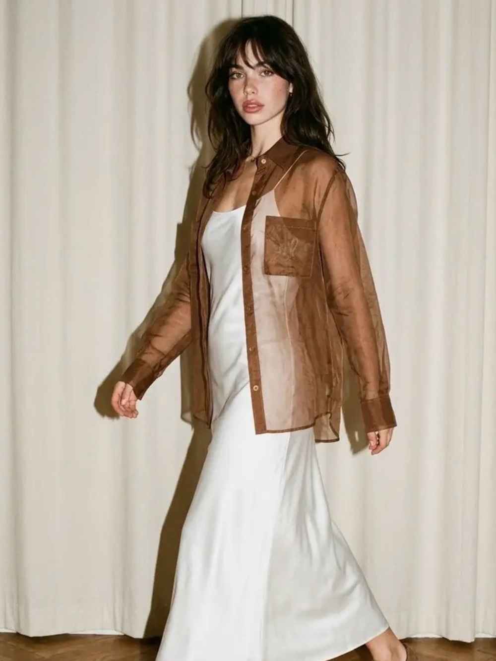 A517 Sheer Brown Button-Front Shirt Jacket